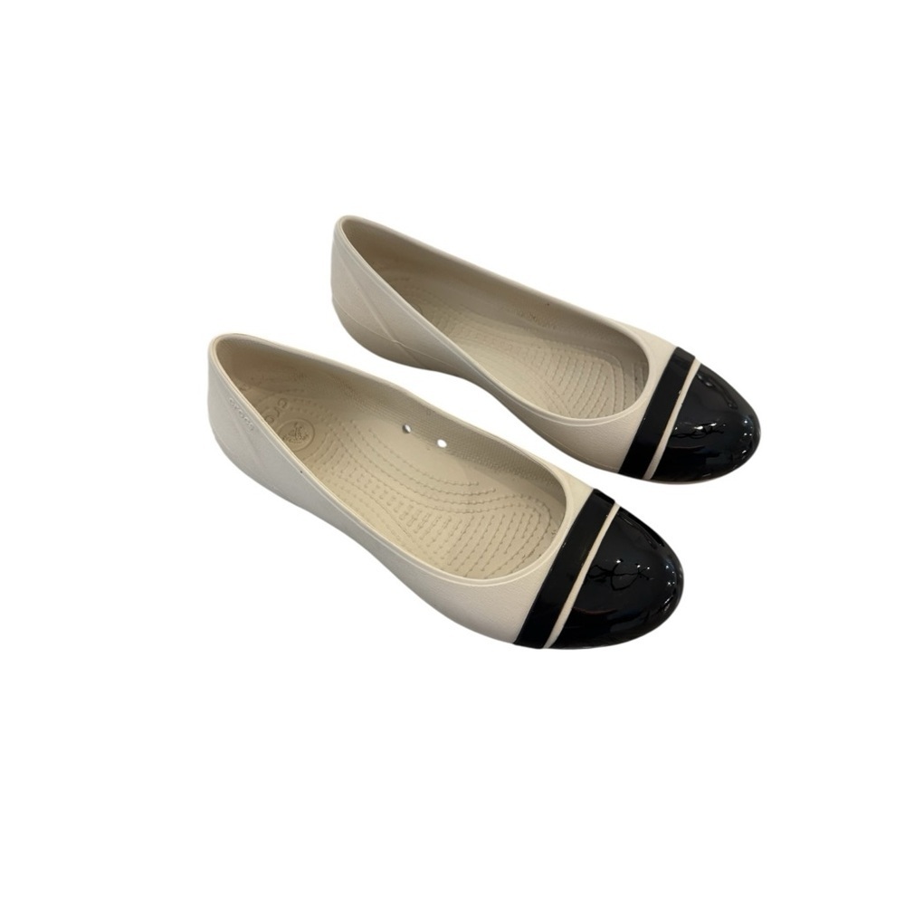 Crocs Women's Cap Toe Flat, specifically in the Stucco / Black color combination